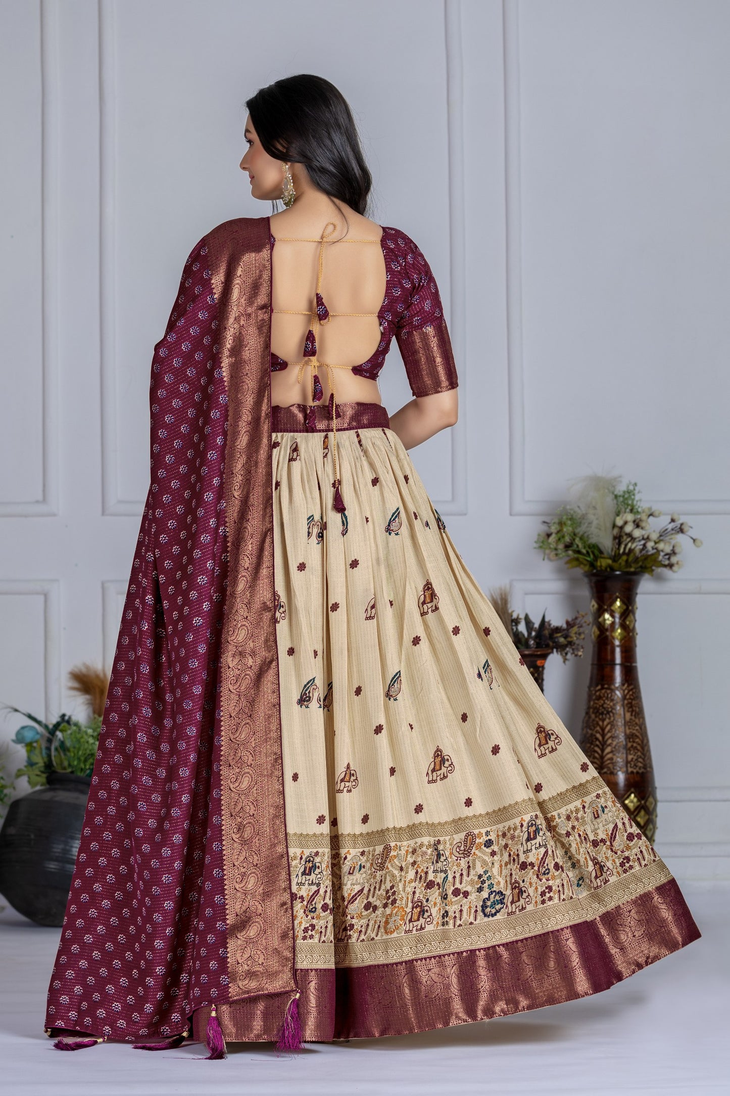 Wine color wedding wear printed chaniya choli