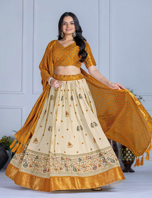 Yellow color printed chaniya choli for haldi