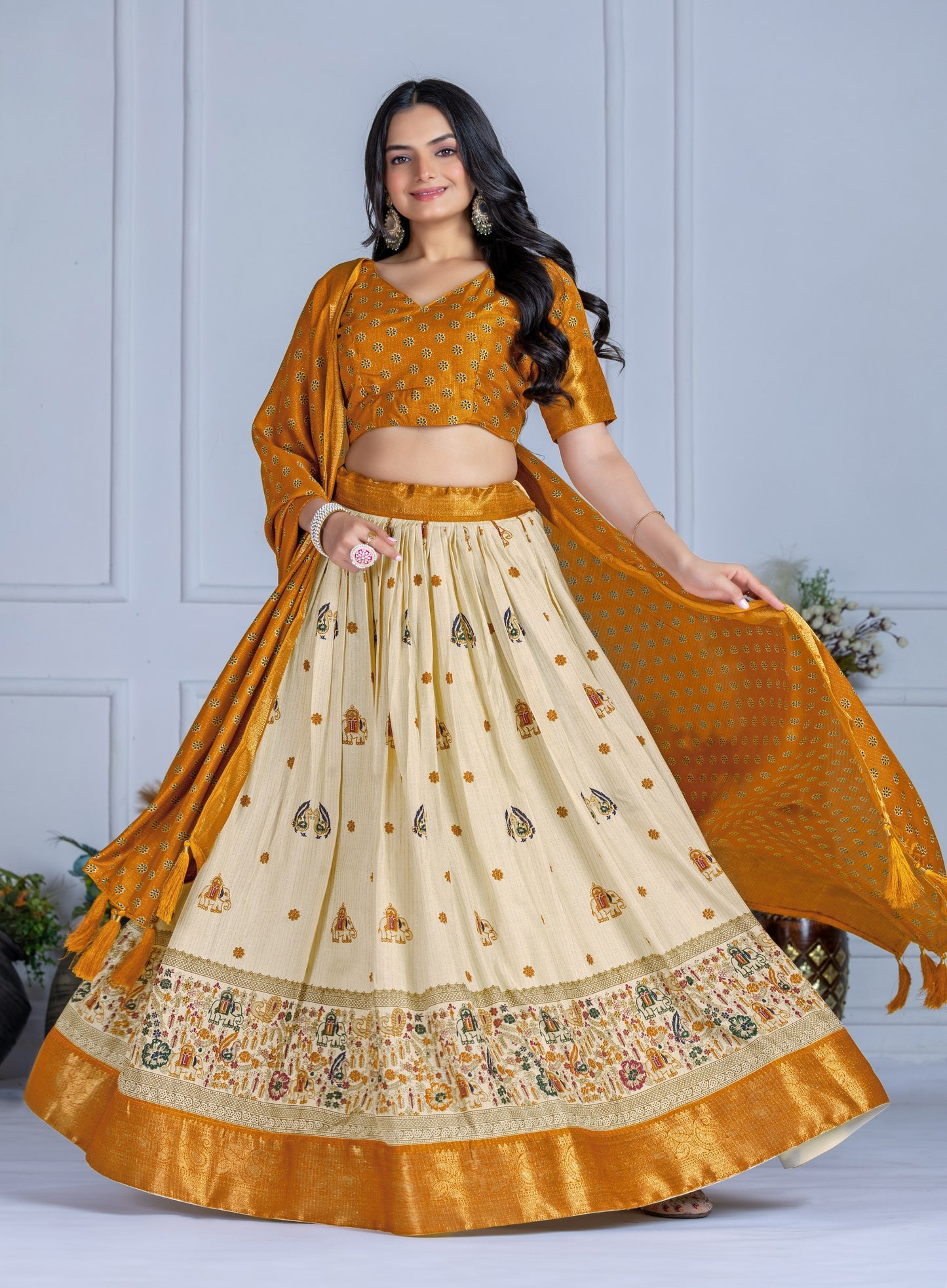 Yellow color zari weaving chaniya choli online