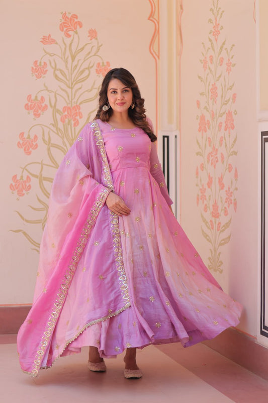 Pink color embroidery work gown