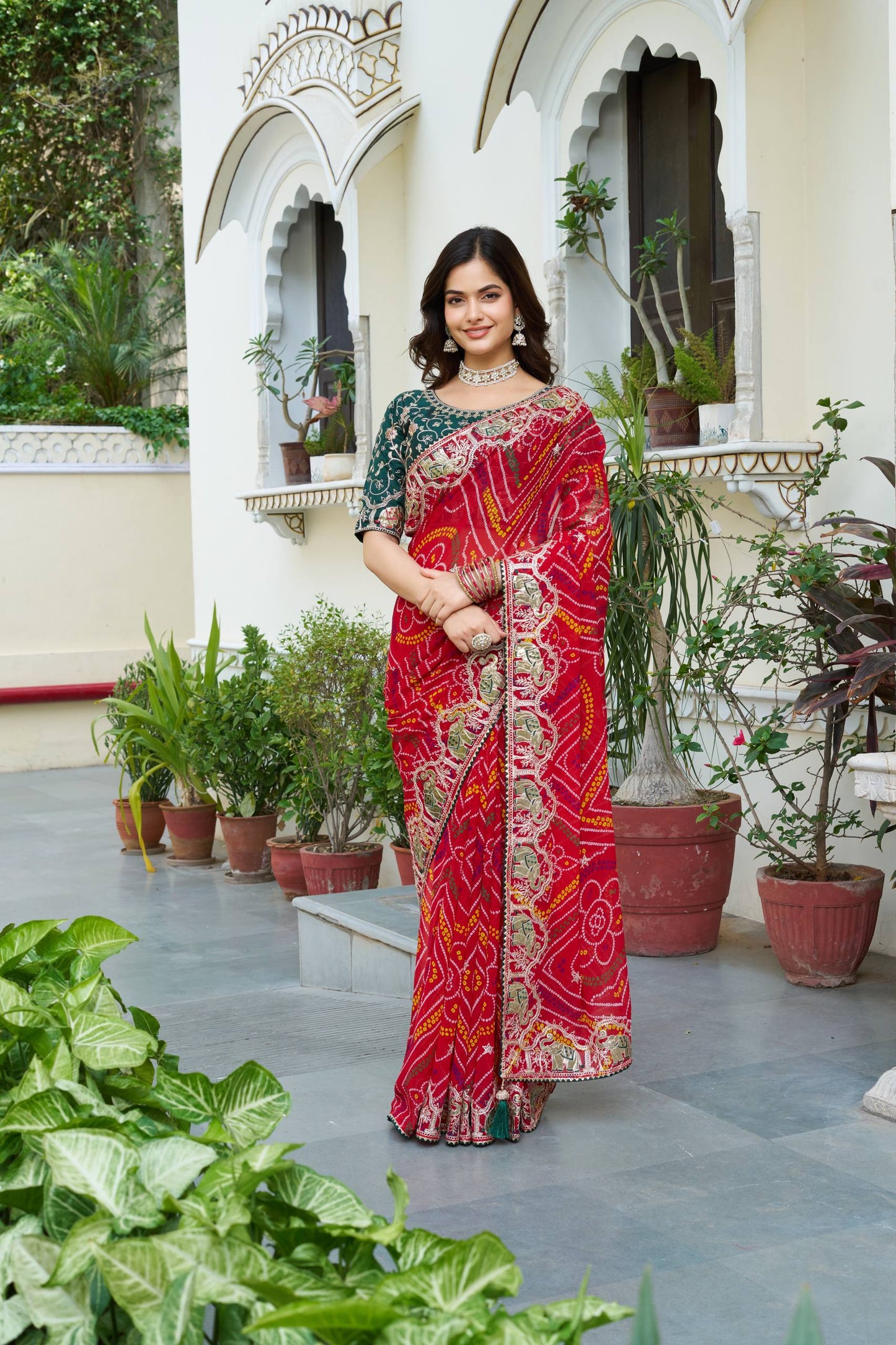 Red color georgette pitha work saree USA