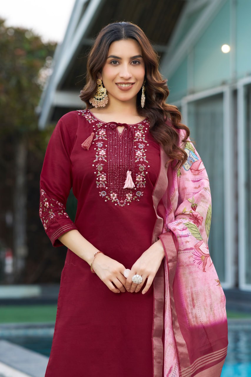 Embroidery work maroon kurtis