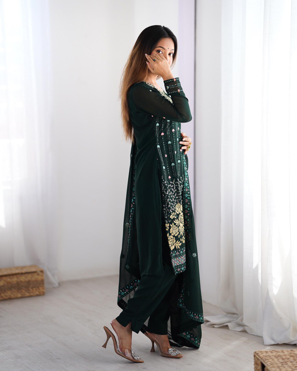 Green color georgette salwar suit with dupatta online