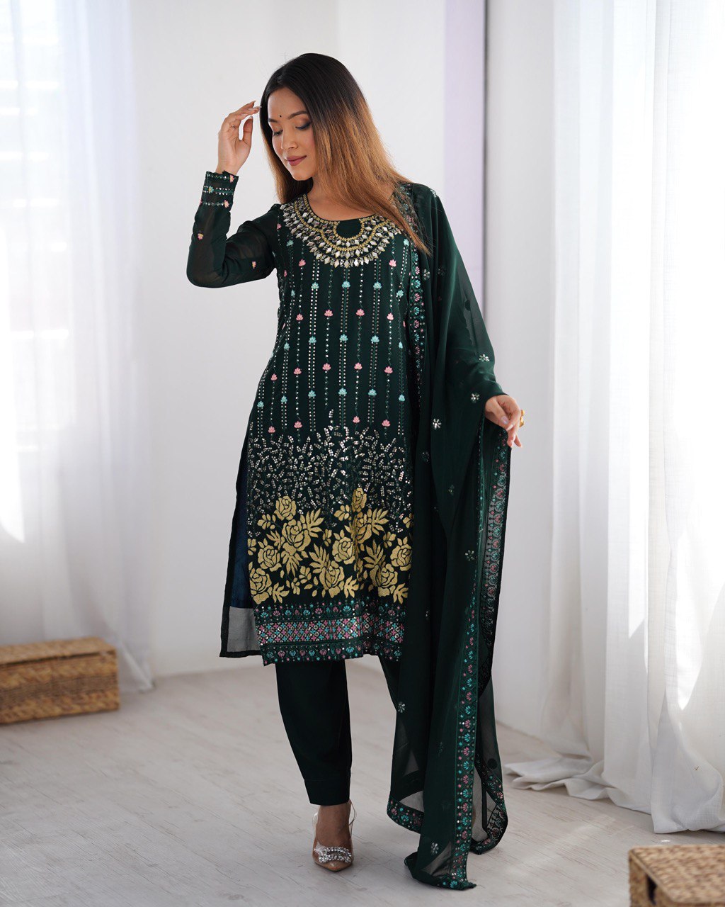 Sage green color georgette salwar suit with dupatta