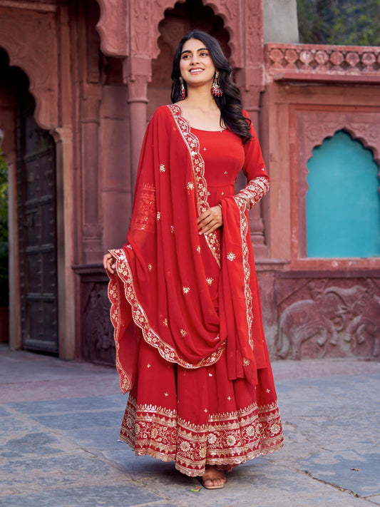 Women red color georgette gown