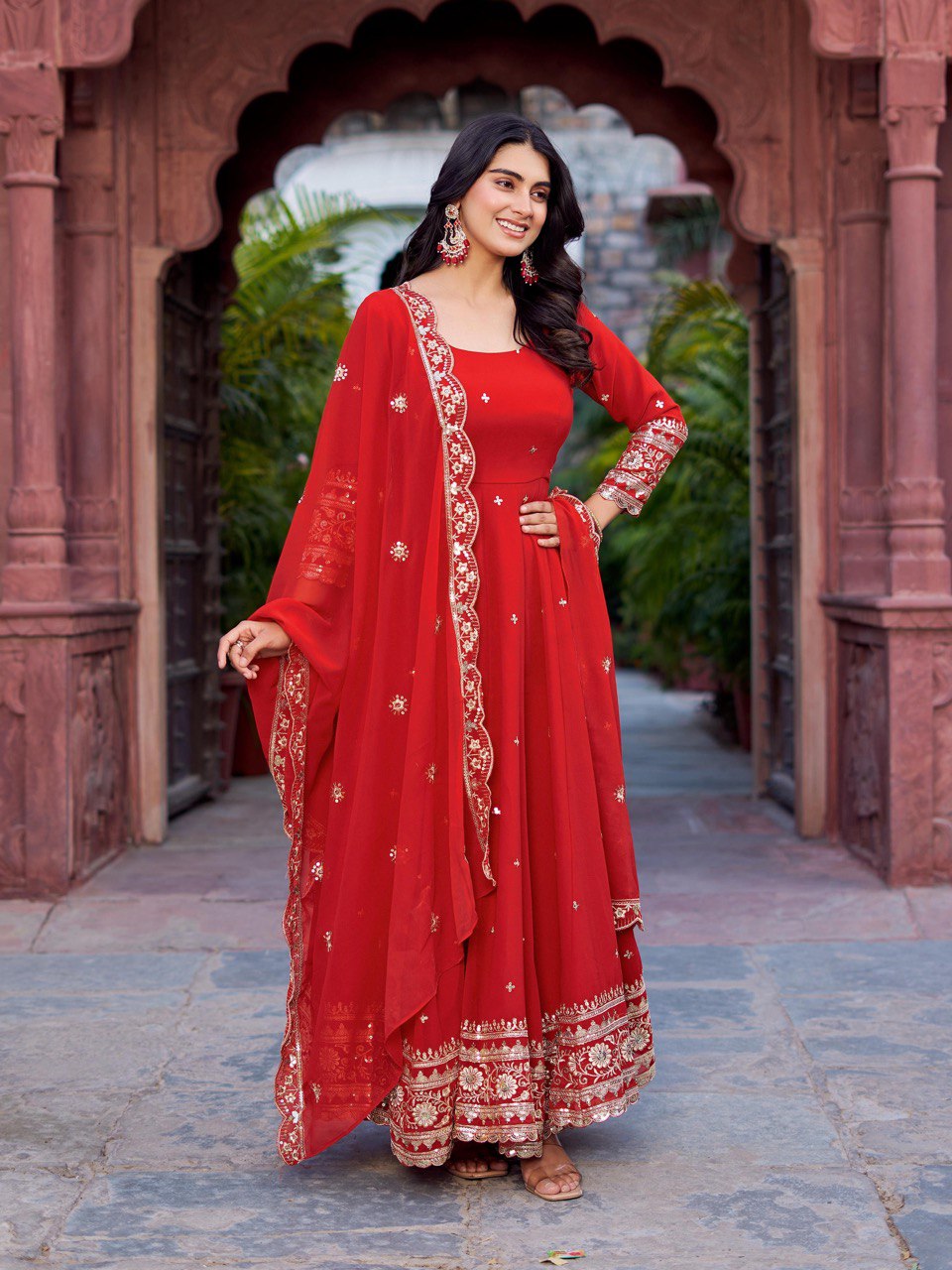 Maxi red color georgette gown