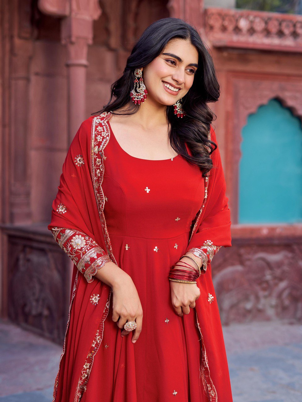 Red color georgette gown for wedding