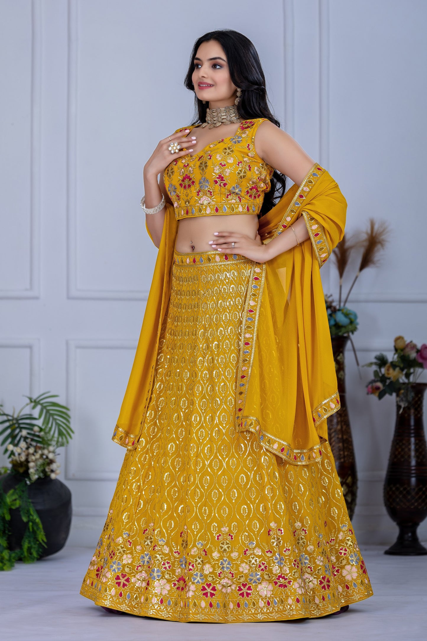 Wedding wear yellow color lehenga price