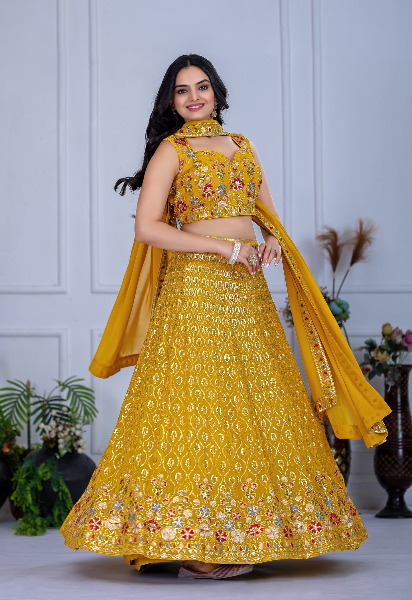 Yellow color georgette lehenga choli online