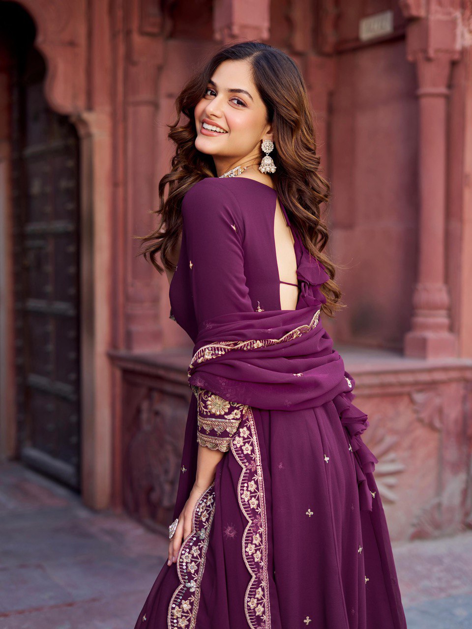Wine color georgette gown for wedding