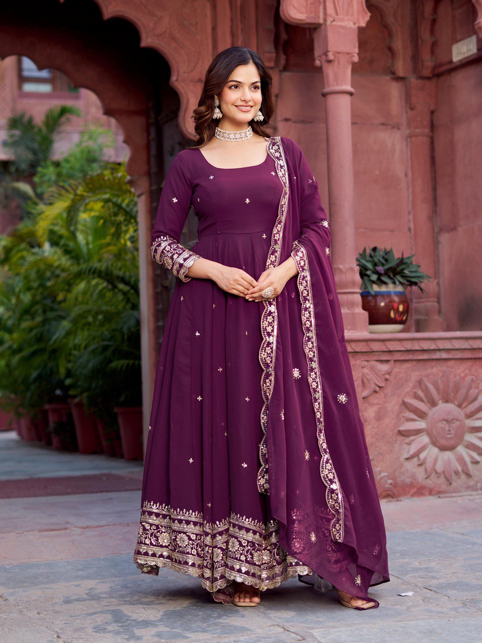 Wine Colour Gown Party Wear