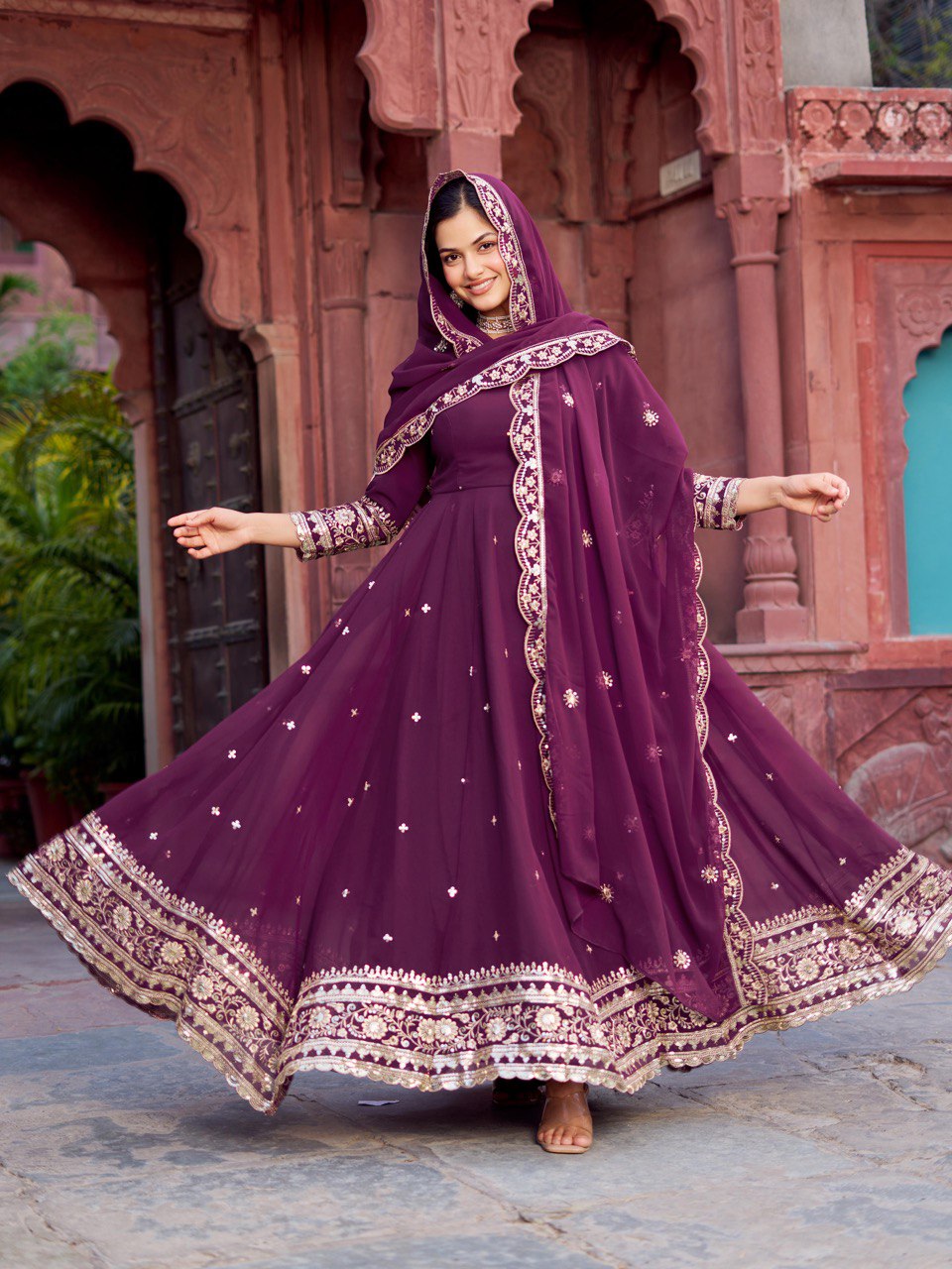 Women wine color georgette gown