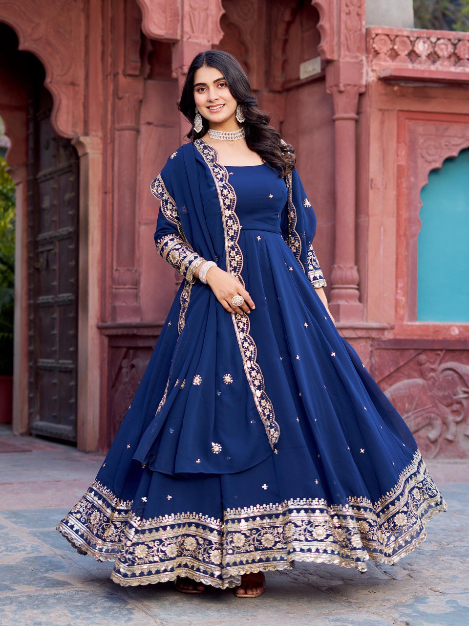 Classy Blue Color Georgette Engagement Wear Gown M / Blue Classy Blue Color Georgette Engagement Wear Gown M / Blue