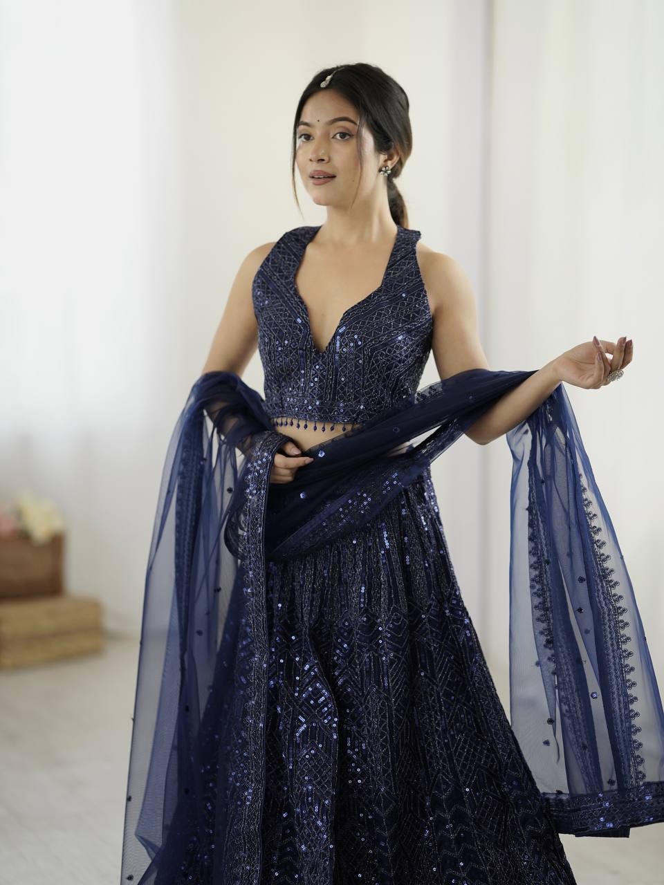Navy blue color sequins work lehenga