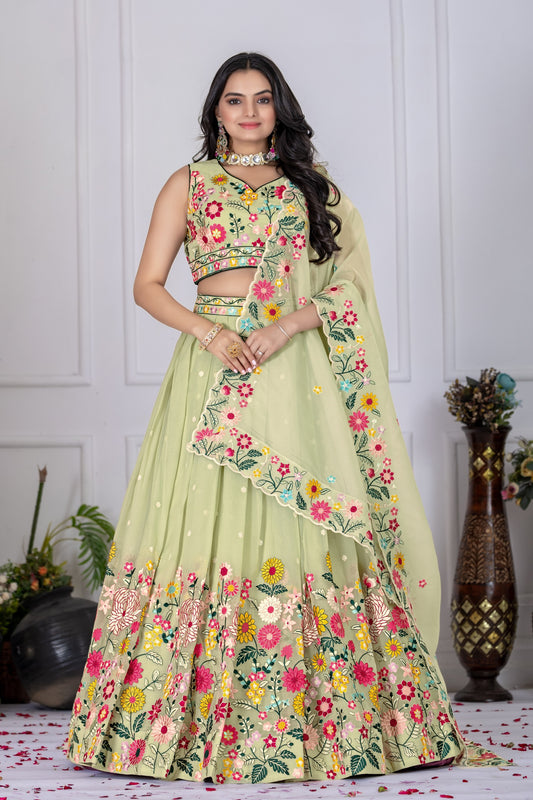 Pista color crystal lehenga choli with dupatta