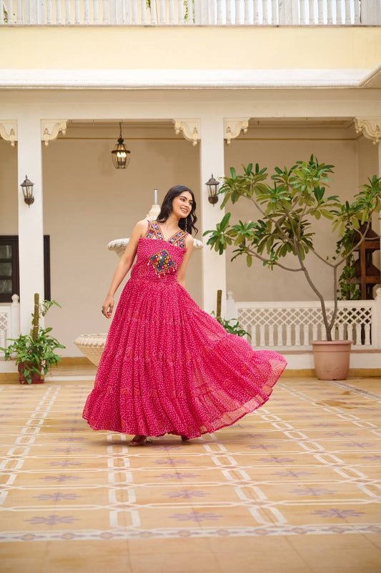 Long pink color navratri georgette gown for women