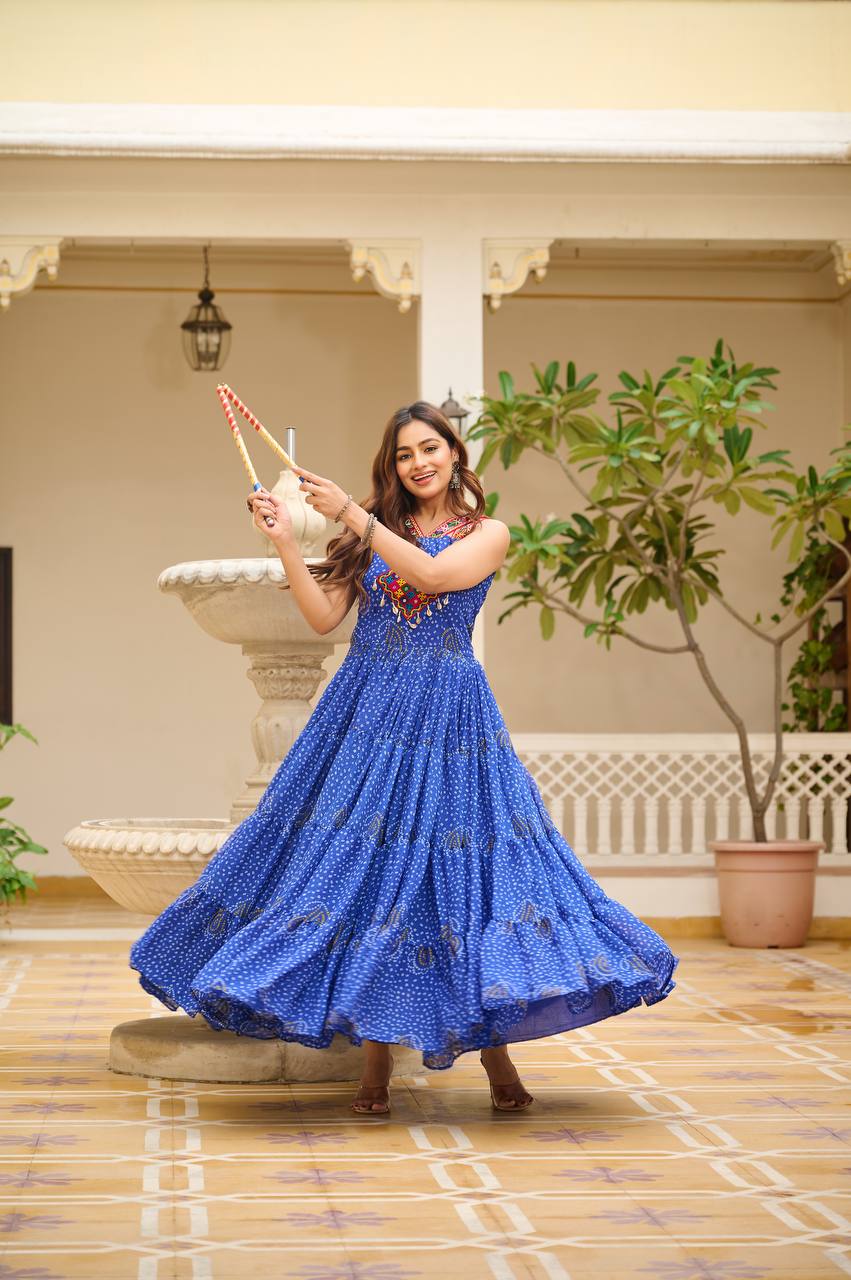 Blue Color Bandhani Printed Mirror Work Gown for Navratri XL / Blue