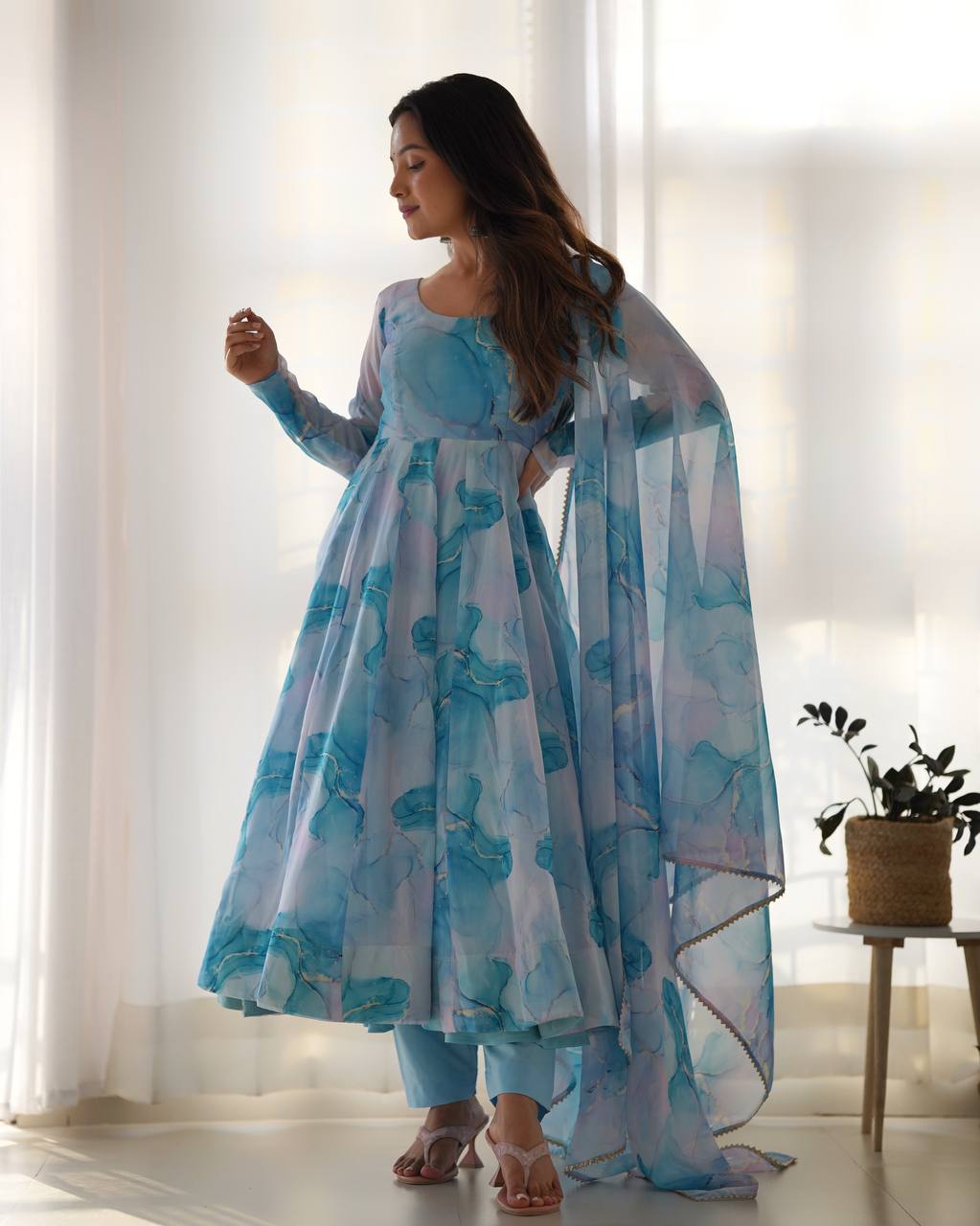 Floral printed sky color gown