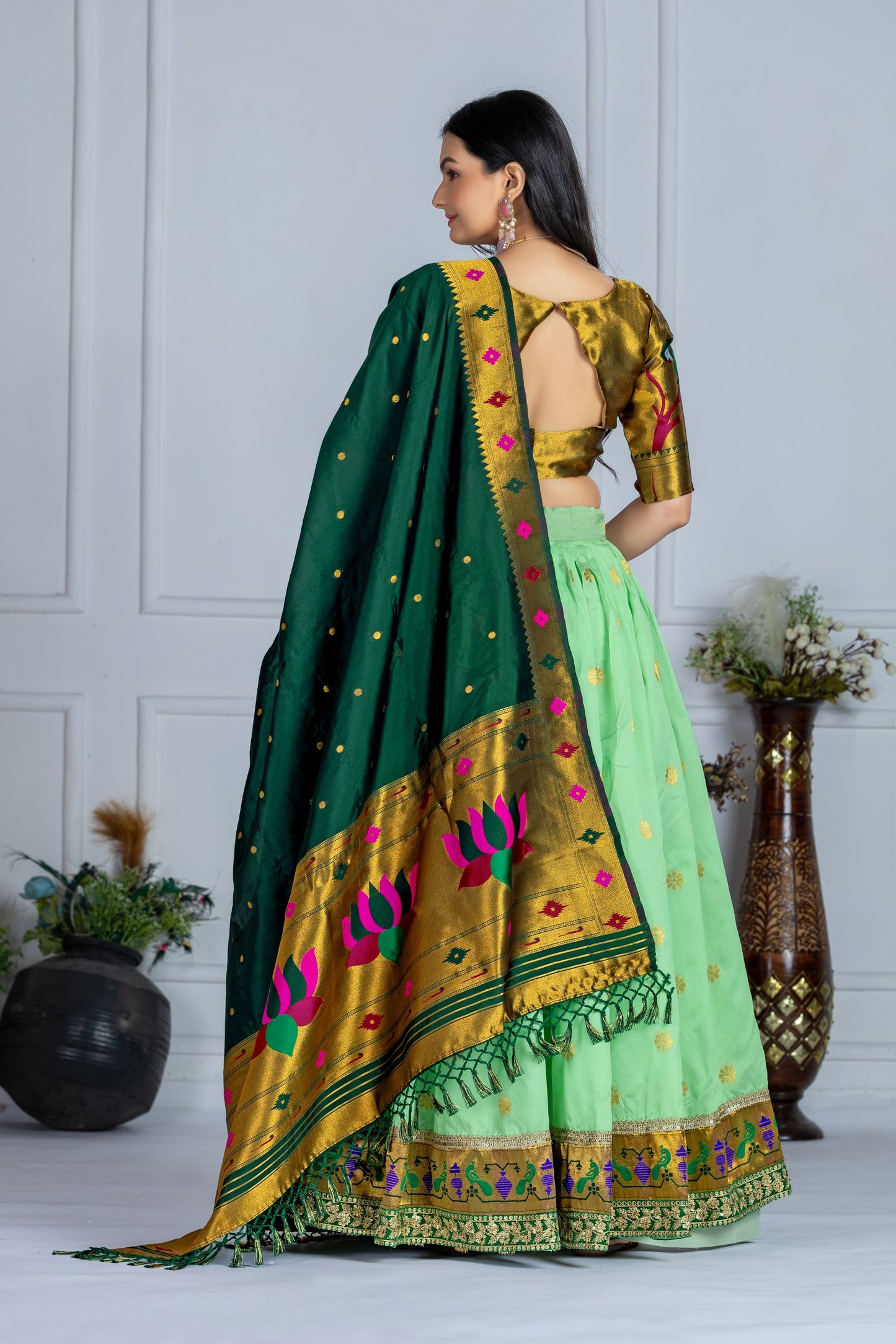 Green color jacquard lichi silk lehenga