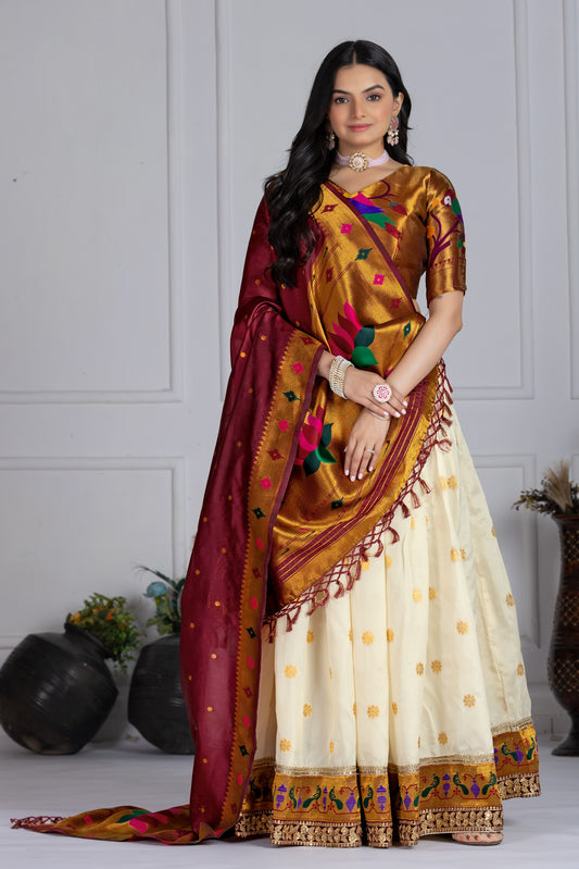 Off white color jacquard lichi silk lehenga choli