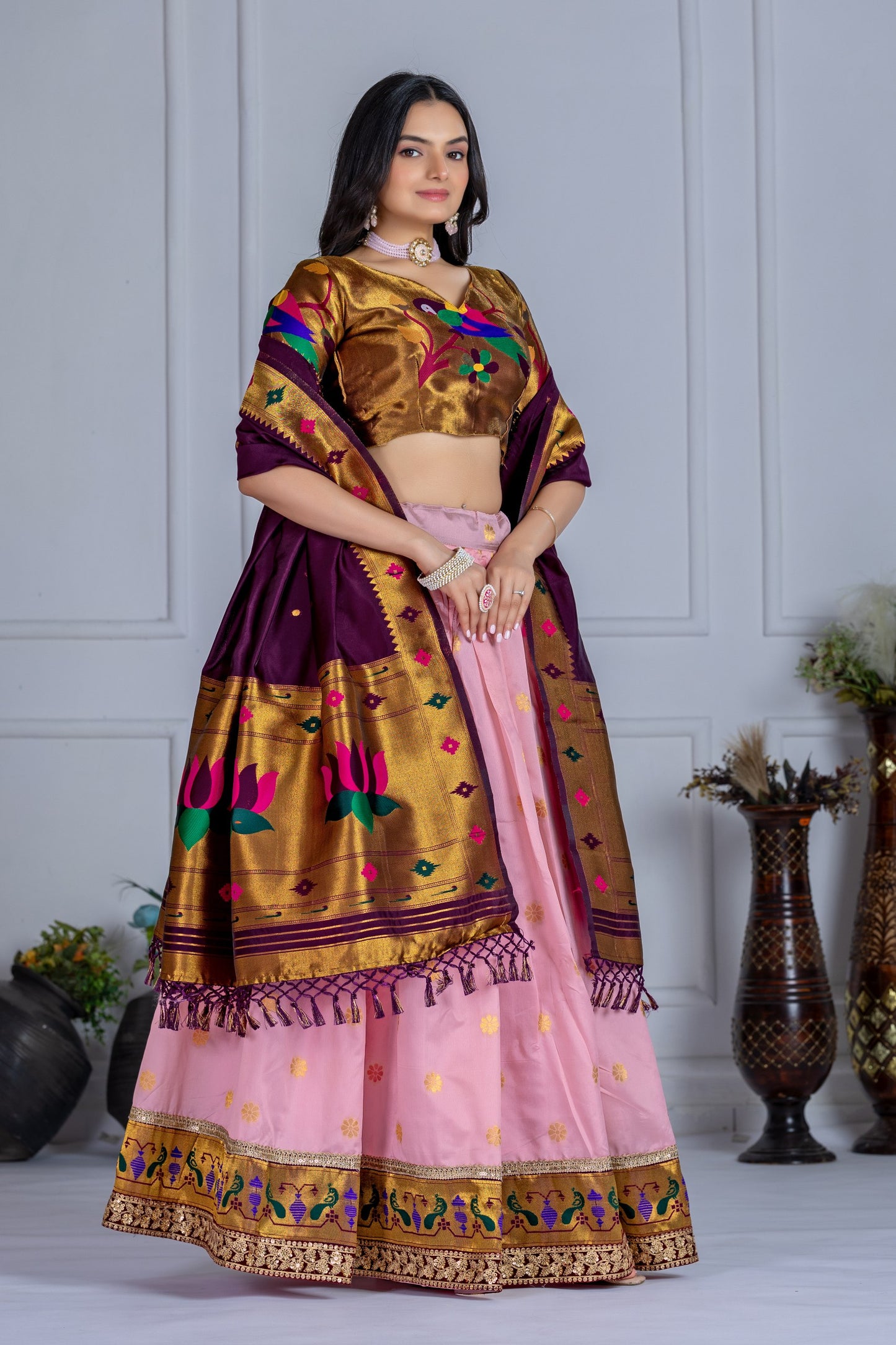 Pink jacquard lichi silk chaniya choli for party
