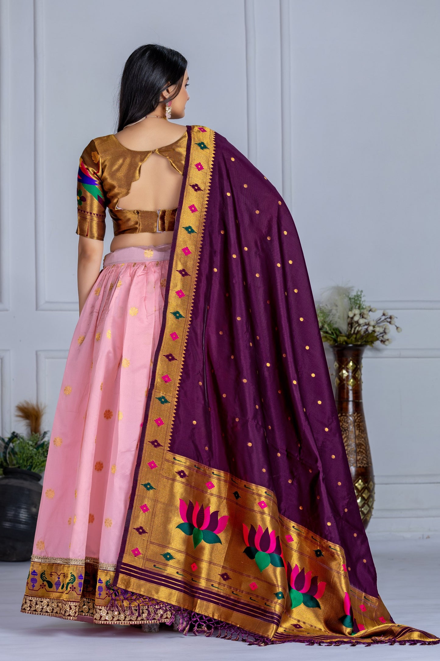 Pink color jacquard lichi silk chaniya choli price