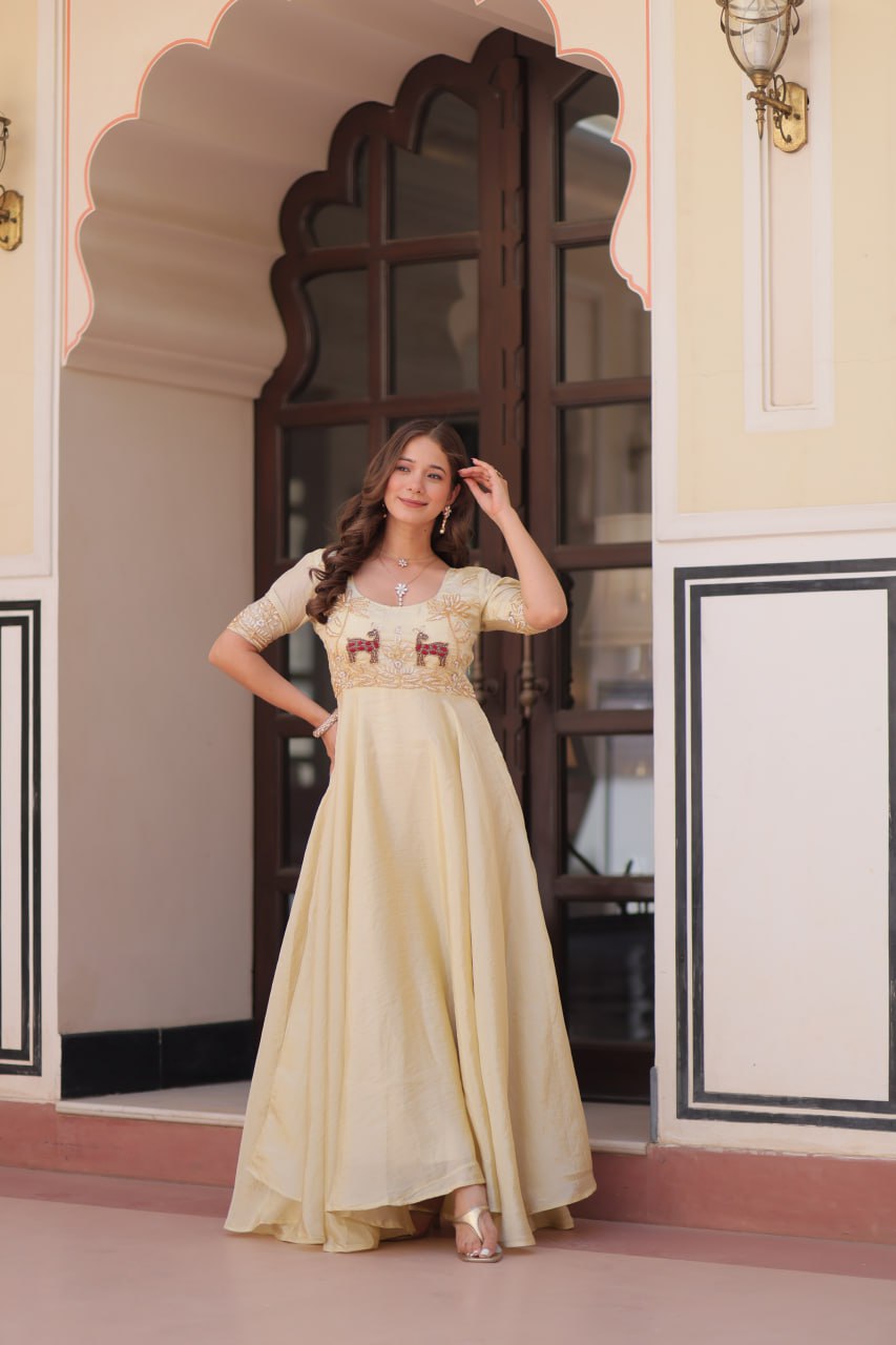 Presenting Off White Color Gold Crush Embroidered Gown Presenting Off White Color Gold Crush Embroidered Gown