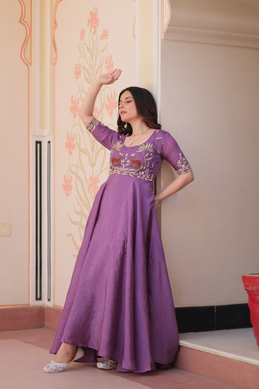 Purple color gold crush gown with price