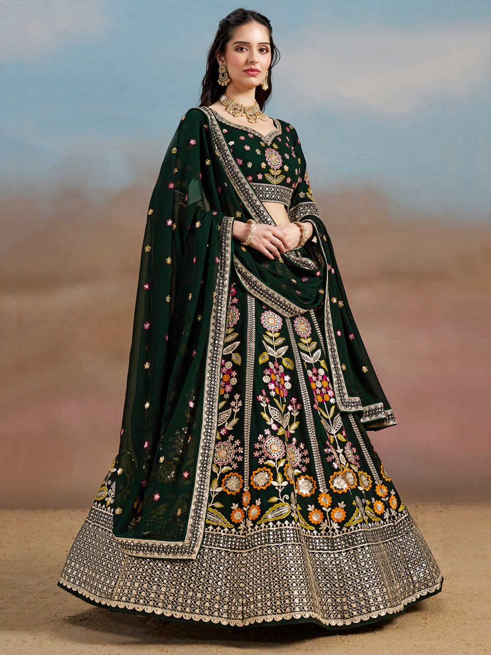 Green color georgette lehenga choli for women
