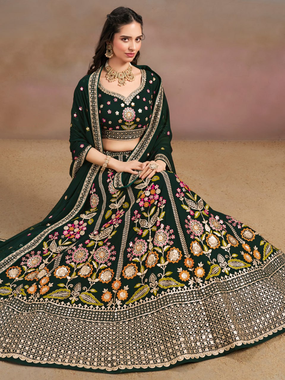 Green color georgette chaniya choli for women