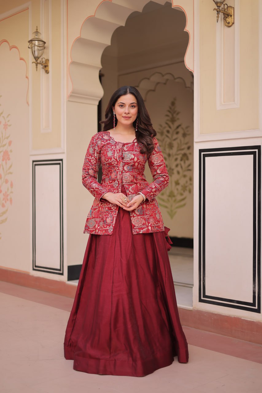 Marron color Position jacquard lehenga