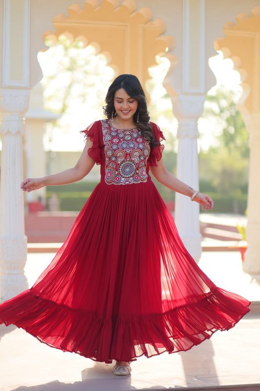 Maroon color designer gown for women