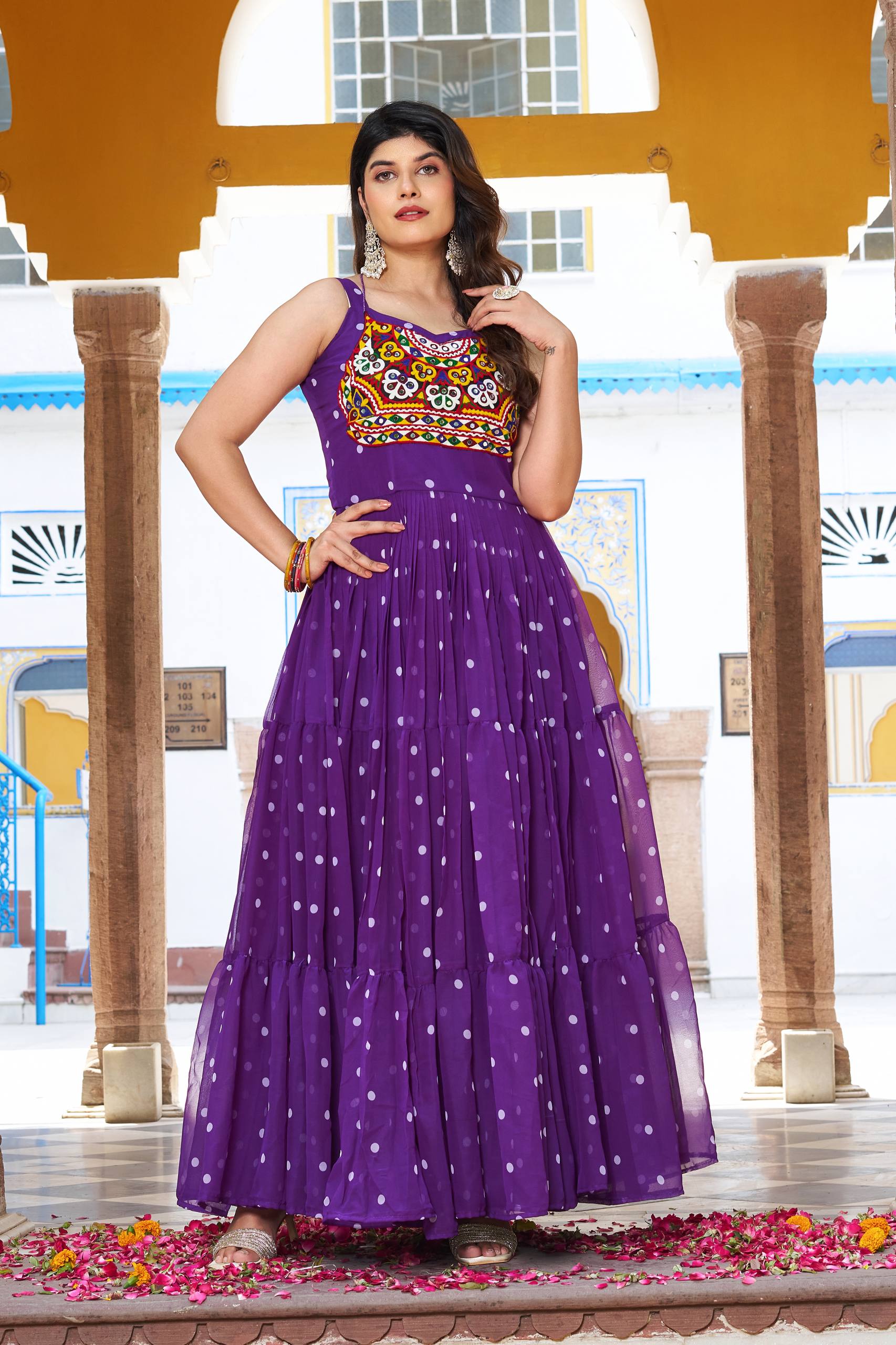 purple bandhani dress Solid Sequin Embroidered Maxi Layered Dress with Bandhani Printed Cape FASHOR