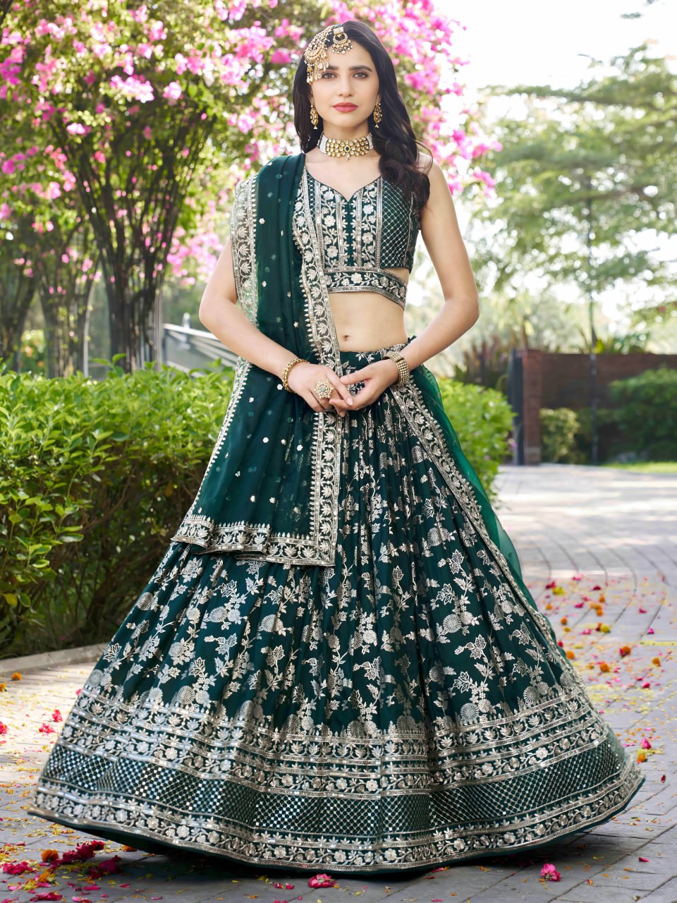 Dark green color georgette lehenga choli for women
