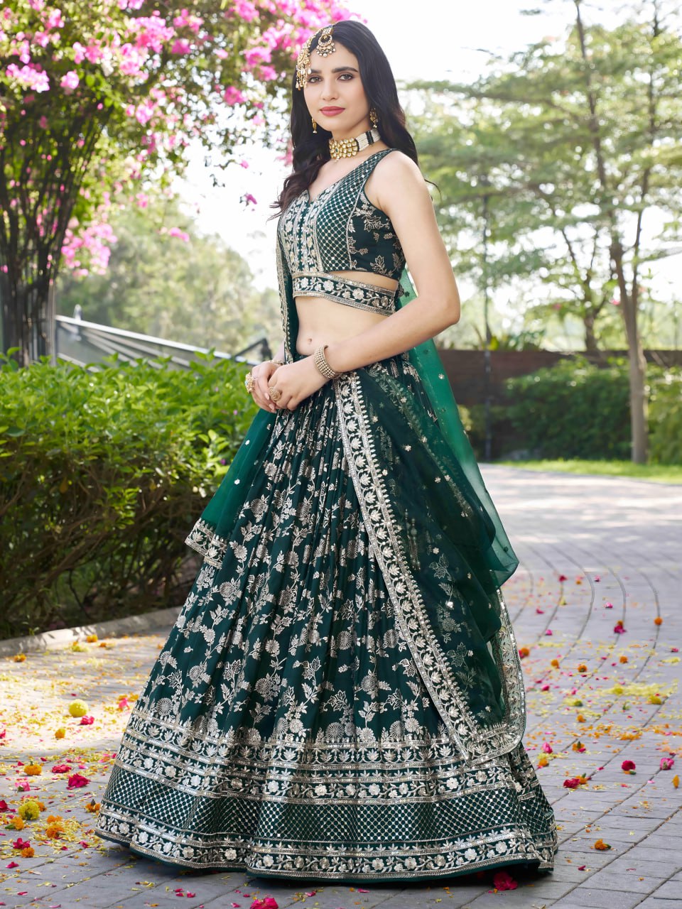 Green color georgette lehenga choli for women online