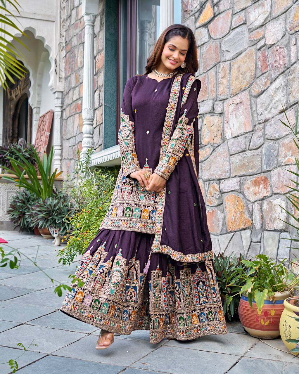 Wedding wear purple color plazzo suit with online