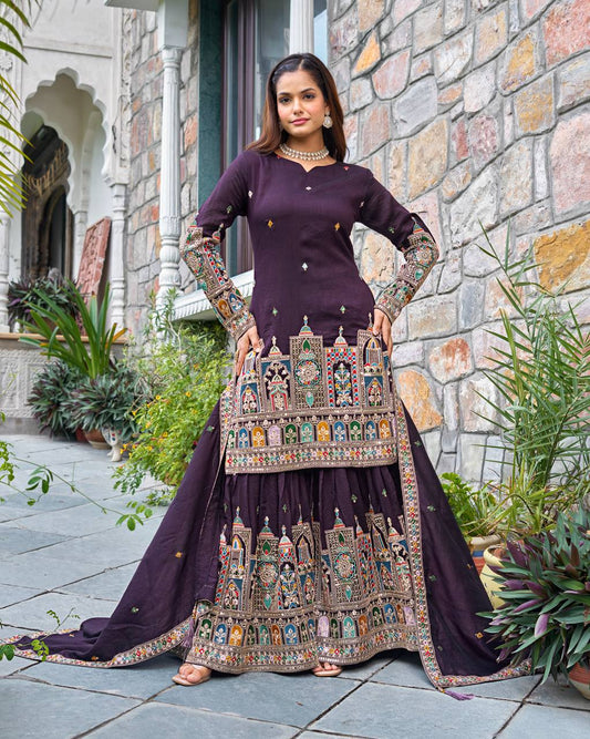 Purple color chinon silk sharara suit for women