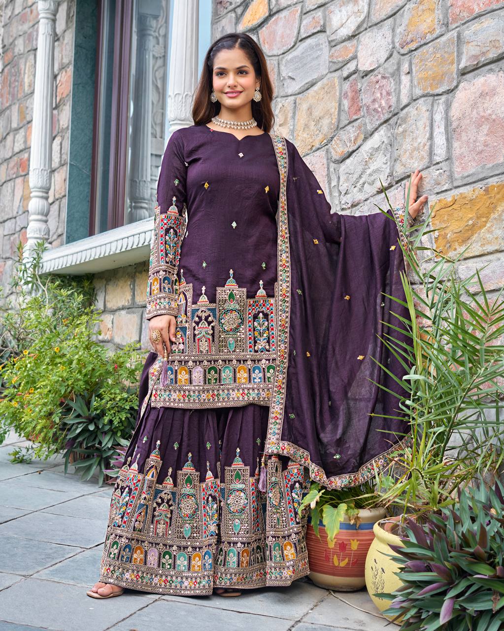 Purple color georgette plazzo suit with dupatta