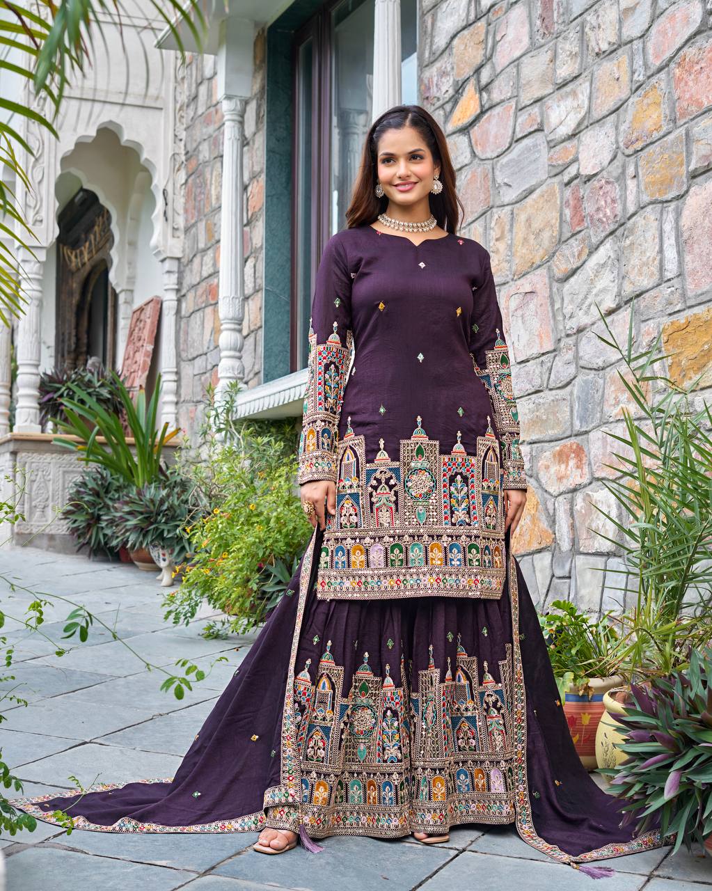 Purple embroidery work sharara suit for party
