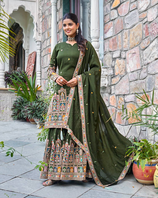 Dark green color chinon silk sharara suit for women
