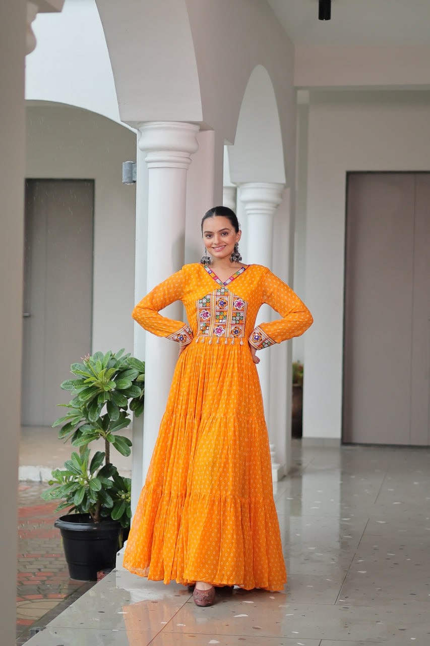 Festive Garba Yellow Bandhani Navratri Gown with Kutchi Embroidery XL Festive Garba Yellow Bandhani Navratri Gown with Kutchi Embroidery XL