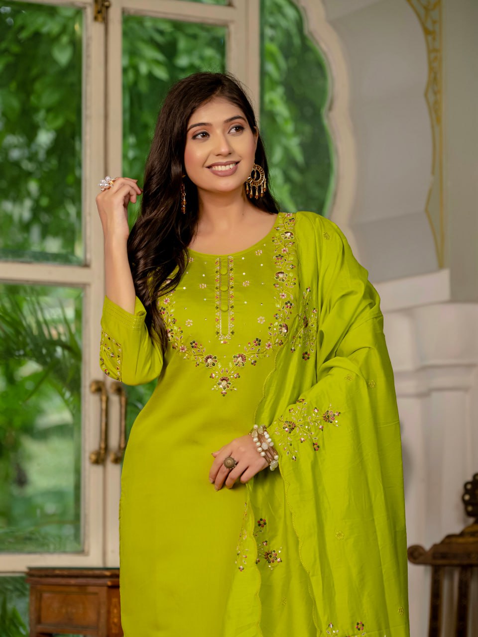 Green color marina silk salwar suit for party