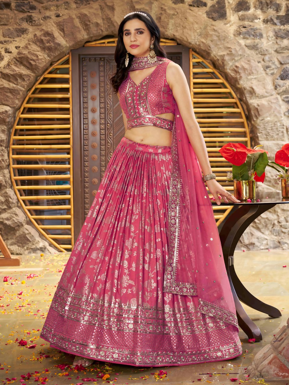 Peach color dola silk jacquard chaniya choli online