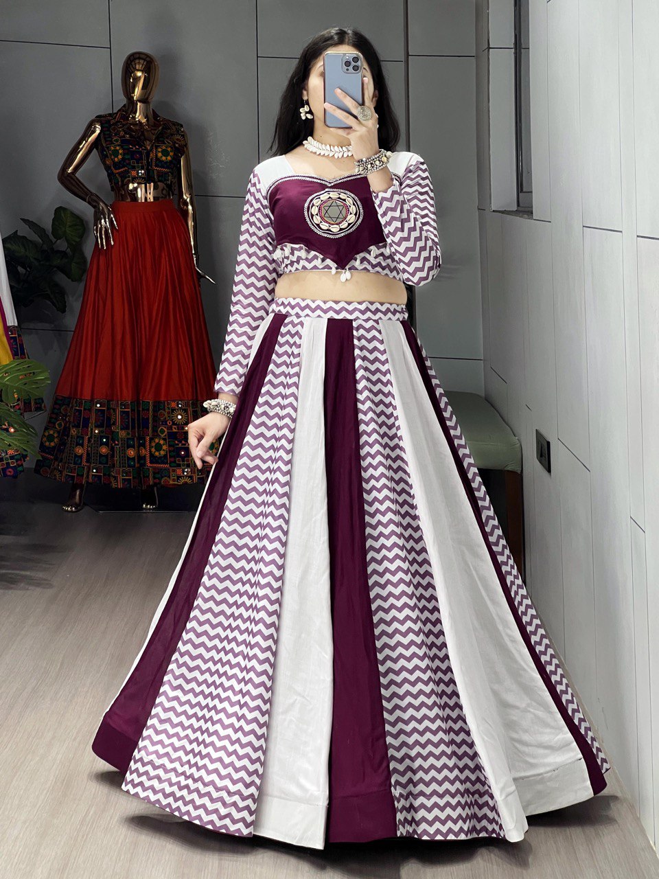 Mirror work wine color chaniya choli