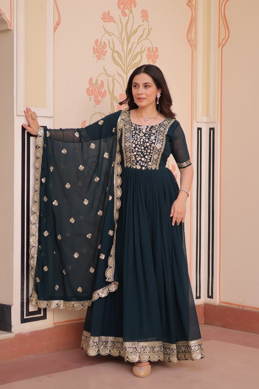 Rama color readymade gown with dupatta