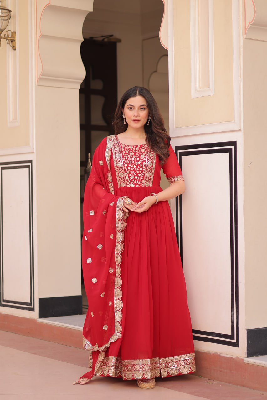 Red color embroidery work gown with online