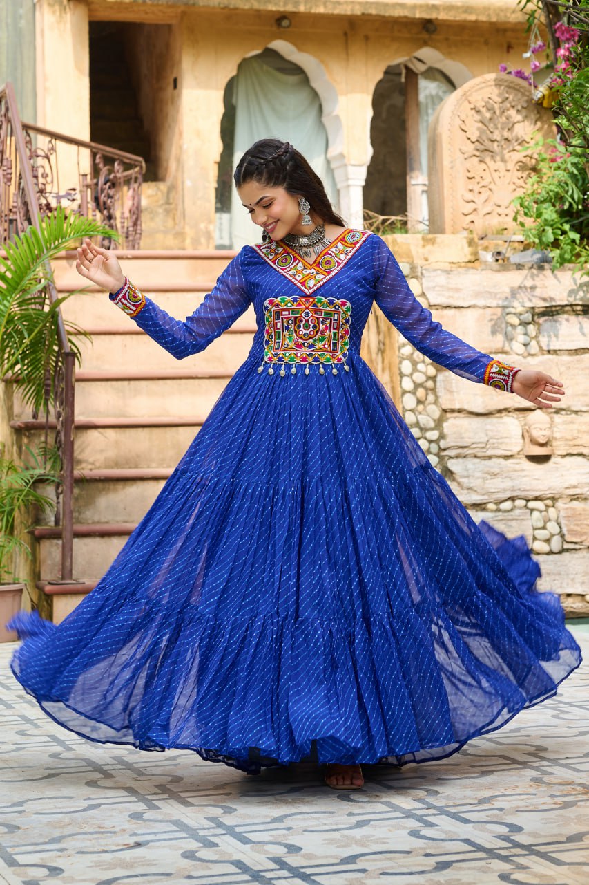 Blue Color Laheriya Printed Navratri Gown For Women M / Blue Blue Color Laheriya Printed Navratri Gown For Women M / Blue