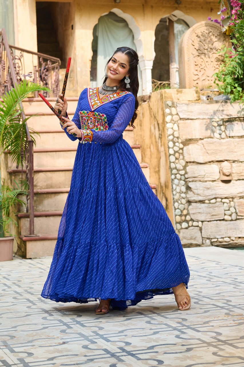 Blue color leheriya printed gown