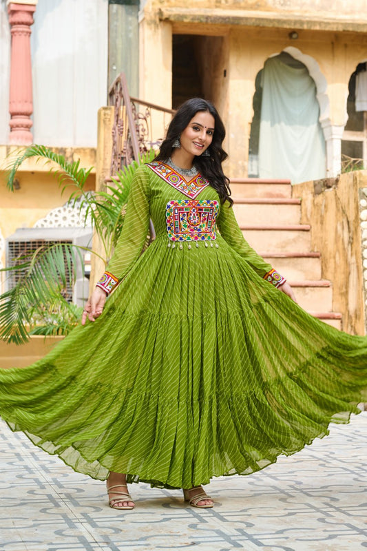 Women's Parrot Green Color Laheriya Printed Navratri Gown