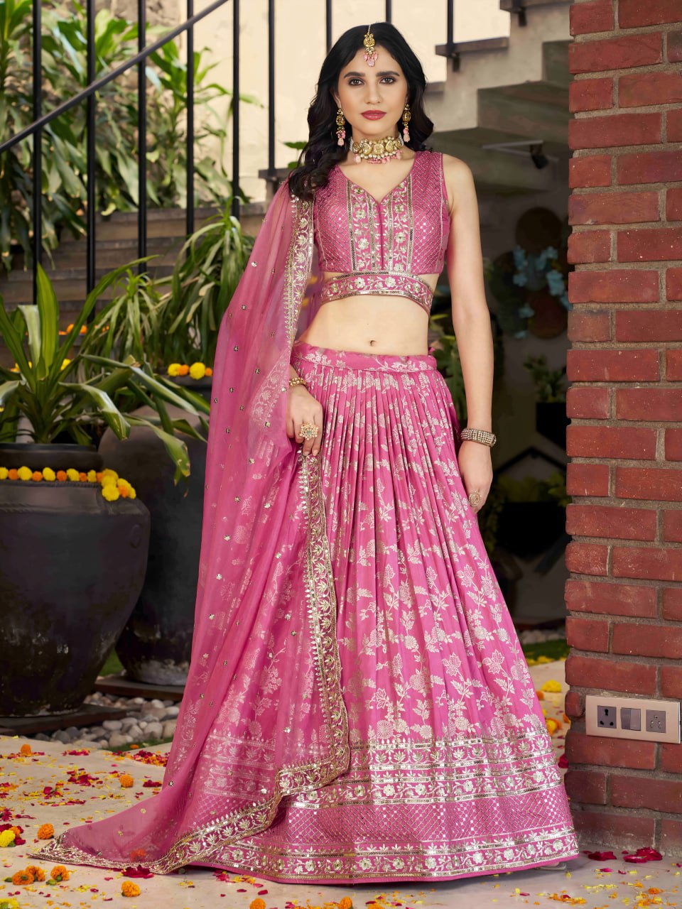 Pink color dola silk jacquard lehenga choli USA